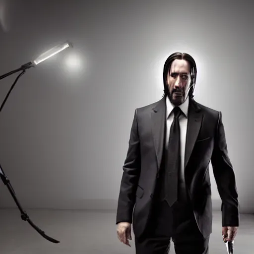 Prompt: Nicolas Cage as John Wick, promo shoot, studio lighting