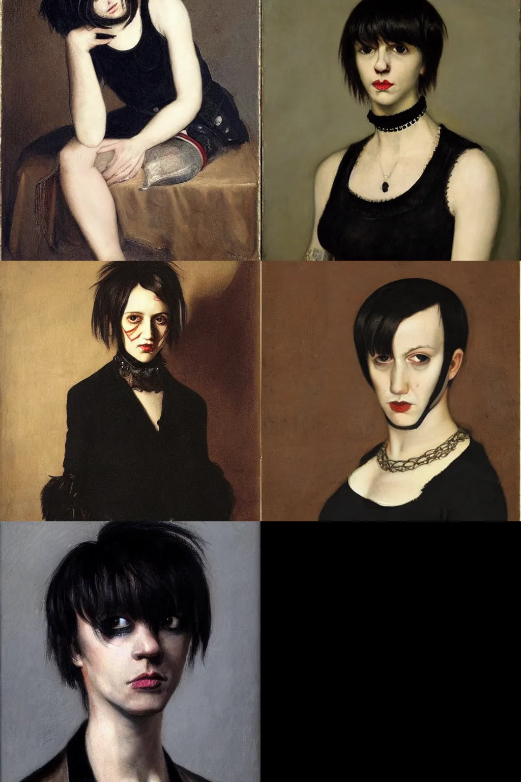 Prompt: an emo portrait by pieter aertsen. her hair is dark brown and cut into a short, messy pixie cut. she has a slightly rounded face, with a pointed chin, large entirely - black eyes, and a small nose. she is wearing a black tank top, a black leather jacket, a black knee - length skirt, and a black choker..