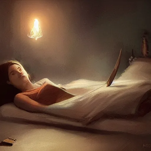 Image similar to A young female wizard, accidentally casting her first spell while practicing in bed, fantasy art by Greg Rutkowski