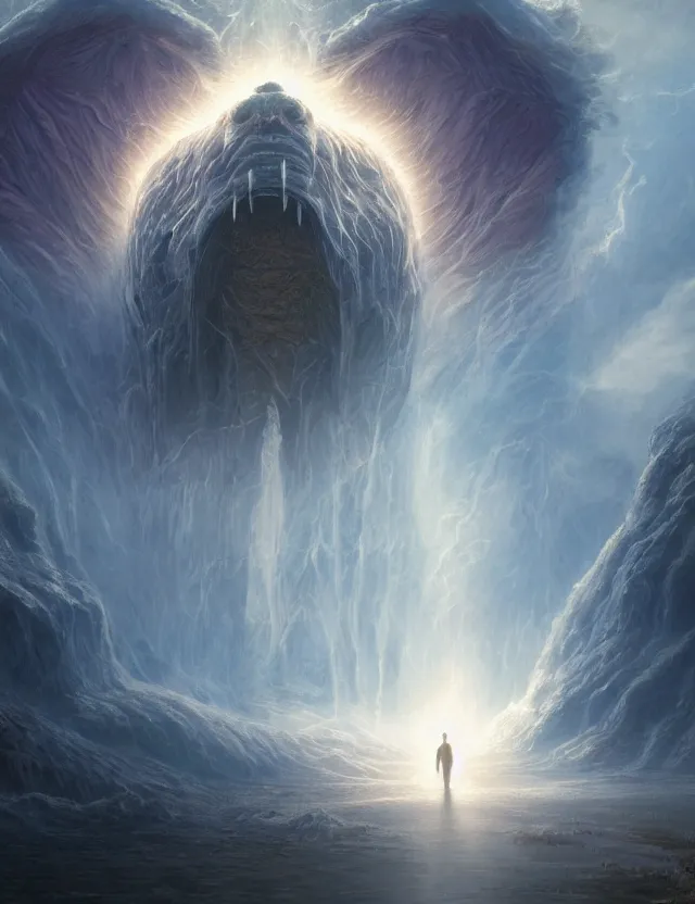 Image similar to A terrifying giant monster made of soft gel, beautiful atmosphere, god rays, masterpiece digital painting by Alex Grey, Greg Rutkowski, 4k wallpaper