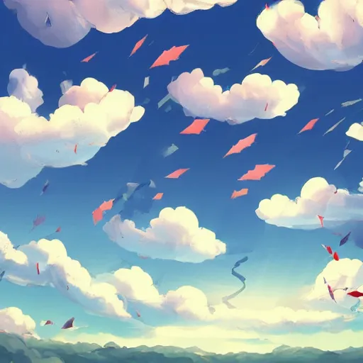 Image similar to background art of flying longswords flowing and floating through the blowing directional wind on a simple cloudy sky background, big puffy clouds, large individual rose petals, angular background elements, polygonal fragments, anime, studio ghibli, artgerm, manga, trending on artstation, art nouveau, mature color scheme