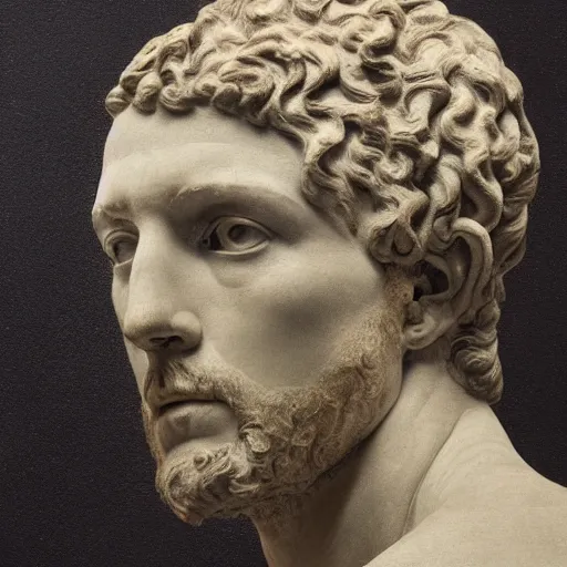 Image similar to a broken statue of david, broken head, cracked head, realism drawing