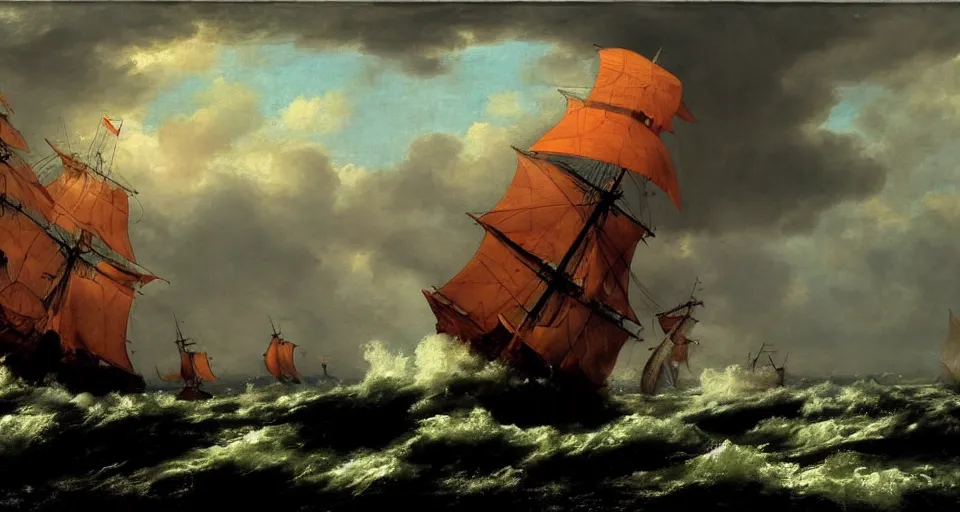 Prompt: british 1 7 0 0 s sloop surrounded by raging stormy seas by eugene von guerard, ivan shishkin, night, red lightning!!, storm!, dramatic lighting, concept art, trending on artstation, 8 k