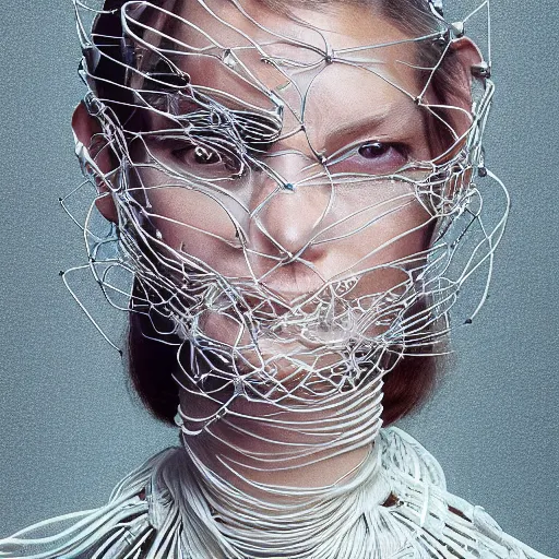 Prompt: a futuristic portrait by mask made of wires and white bees, white fur necklace made by gauzes twisted around neck, design by leonardo davinci, inspired by egon schiele, balenciaga, modern art, baroque art jewelry, new classic, fashion design, photorealistic, hyper realistic, cinematic composition, cinematic lighting, fashion design, concept art, 8 k