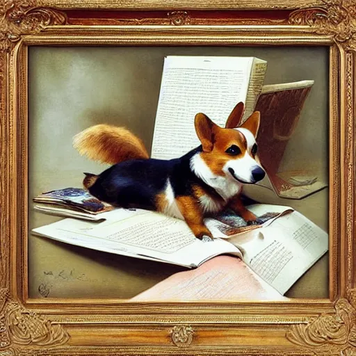 Prompt: a corgi reading a big book, highly detailed painting by gaston bussiere, craig mullins, j. c. leyendecker 8 k