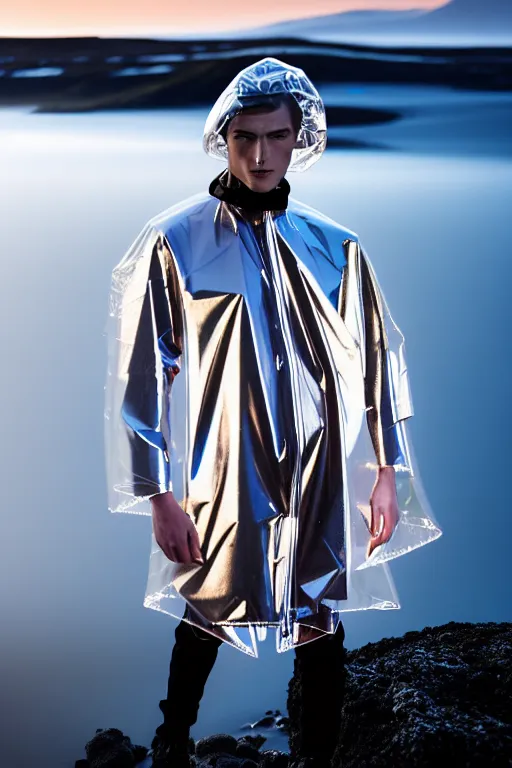 Image similar to an ultra high definition professional high fashion portrait studio full length photograph of a male model wearing a transparent pearlescent raincoat and neon visor in an icelandic black rock environment at dawn. no artefacts. extremely detailed. stark. refraction. shallow depth of field. volumetric light and shadow. ray tracing. light rays.