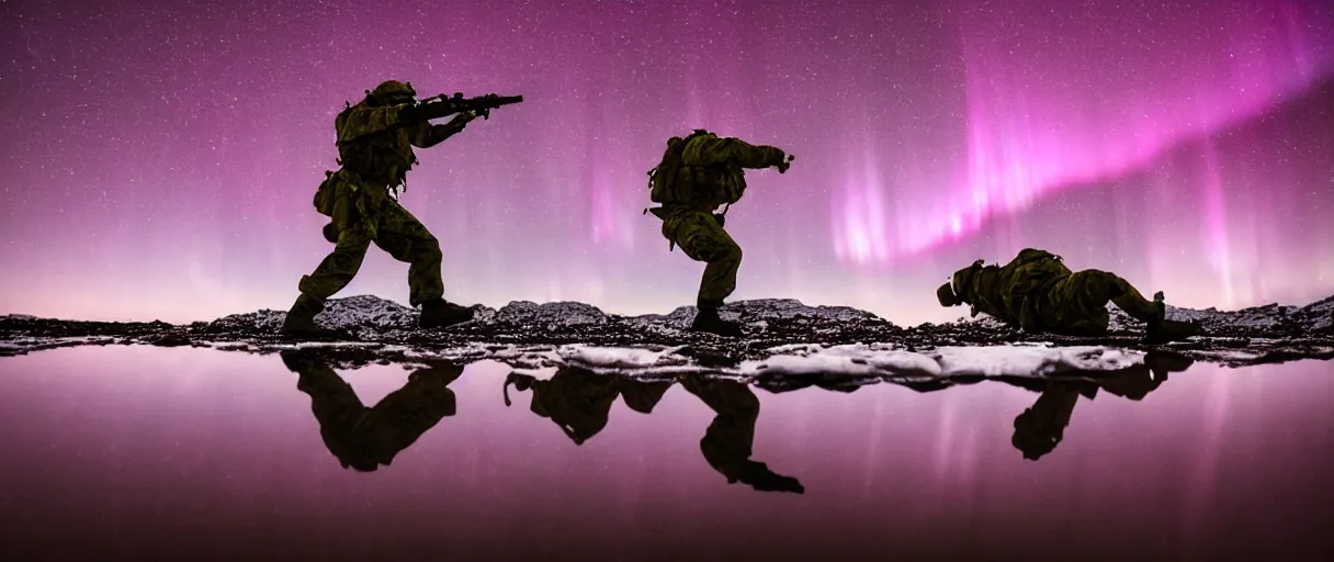 Image similar to an extreme closeup movie like 3 5 mm film depth of field photograph of a soldier falling face first into a small reflective puddle of dark red wine under the northern lights in antarctica at night, in the style of a horror film