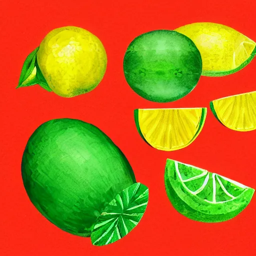 Image similar to retro, hd illustration of watermelons, crocs, big yellow lemons, mint leaves, ice cubes, inspired by watercolor masterpieces, matisse, malevich, david hockney, keith haring, colorful, happy, trending on artstation, 4 k