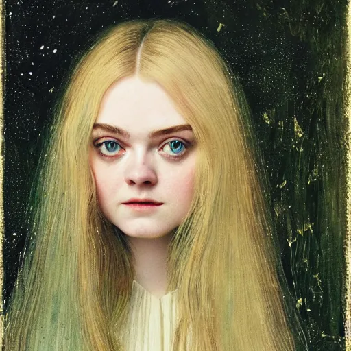 Image similar to professional painting of Elle Fanning in the style of John Atkinson Grimshaw, head and shoulders portrait, symmetrical facial features, smooth, sharp focus, illustration, intricate, stormy weather, extremely detailed masterpiece,