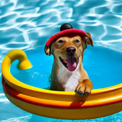 Prompt: a dog in a pool with a toy boat on his head, realistic, highly detailed, photo, 4k