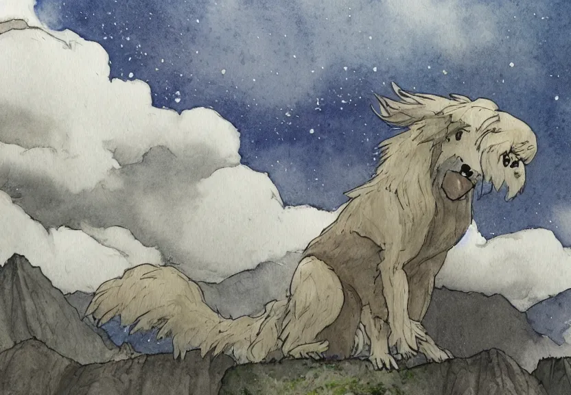 Image similar to a cell - shaded watercolor concept art from a studio ghibli film showing one giant grey griffon. a temple is under construction in the background in machu pichu on a misty and starry night. by studio ghibli. very dull muted colors