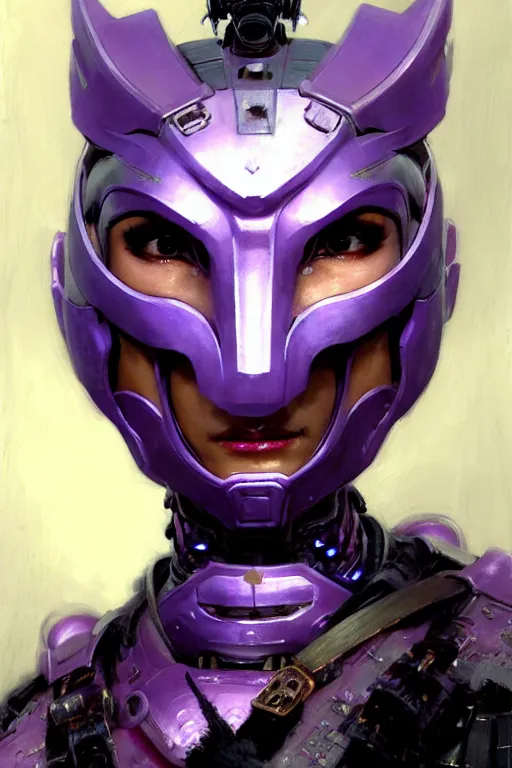 Image similar to extreme close up, facial portrait, half - chinese woman with a long black ponytail in purple sci - fi armor, kitsune mask on head, mechanical armor, cybernetic hands, striking pose, portrait dnd, painting by gaston bussiere, craig mullins, greg rutkowski, yoji shinkawa