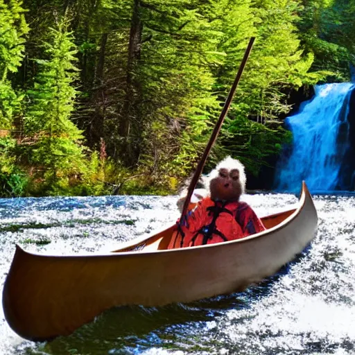 Prompt: a sasquatch in a canoe going over a waterfall