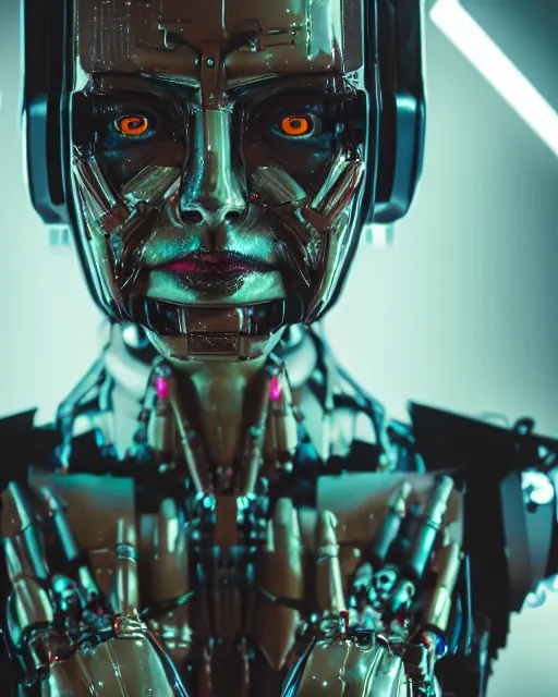 Prompt: photo of sweaty soulful female as a cyberpunk mecha humanoid robotic head and face parts with straight fluorescent lamps surrounding face, sweaty skin dripping down face, ultra - realistic and detailed, long exposure 8 k