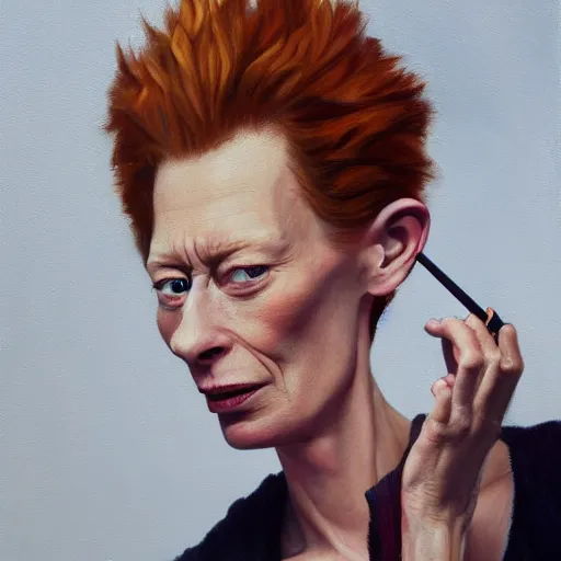 Image similar to an caricature of a young tilda swinton smoking a blunt, realistic oil painting by david levine, trending on art station, 4K