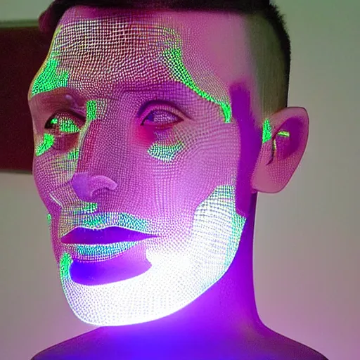 Image similar to a 3d human head made up of shiny holograms