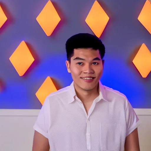 Image similar to a 2 6 year old vietnamese daytrader named jay standing proudly in front of triangular nanoleaf led lights on his wall