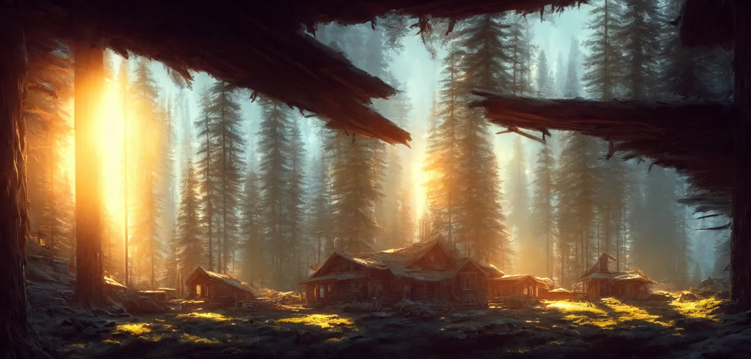 Image similar to concept art of an inside of a cabin in the woods closeup, cinematic view, epic sunny sky, detailed, concept art, high detail, warm lighting, volumetric, godrays, vivid, beautiful, trending on artstation, by jordan grimmer, huge scene, art greg rutkowski