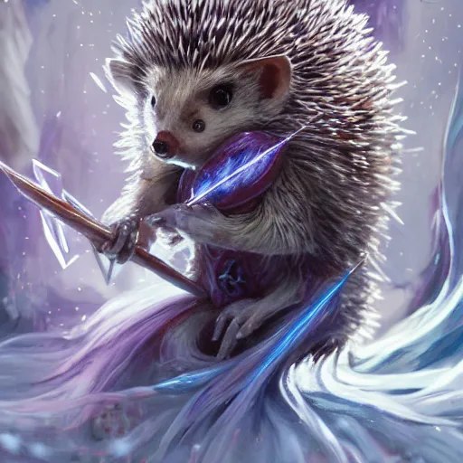 Image similar to Hedgehog magus, Tzeentch, portrait, nature, fairy, forest background, magic the gathering artwork, D&D, fantasy, cinematic lighting, centered, symmetrical, highly detailed, digital painting, artstation, concept art, smooth, sharp focus, illustration, volumetric lighting, epic Composition, 8k, art by Akihiko Yoshida and Greg Rutkowski and Craig Mullins, oil painting, cgsociety