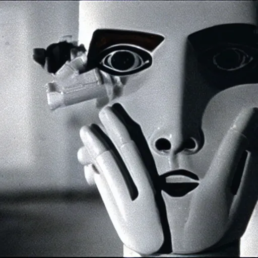 Prompt: Possession (1981) movie by Andrzej Żuławski, movie still, robot head and man head looking aside, dop