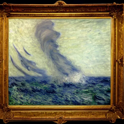 Image similar to large ship being tossed about in a fierce storm in the sea, dark, low light, terrifying, beautiful, monet painting