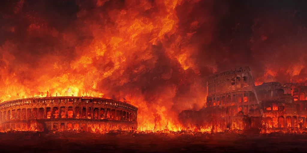 Image similar to painting of the great fire of rome, abstract, realism, 8 k, detailed, terror, octane render, 3 d render, complex emotion, glow, orange, beautiful, cinematic