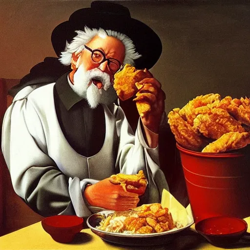 Prompt: Colonel Sanders eating fried chicken with his hands out of a red bucket. Painted by Caravaggio, high detail