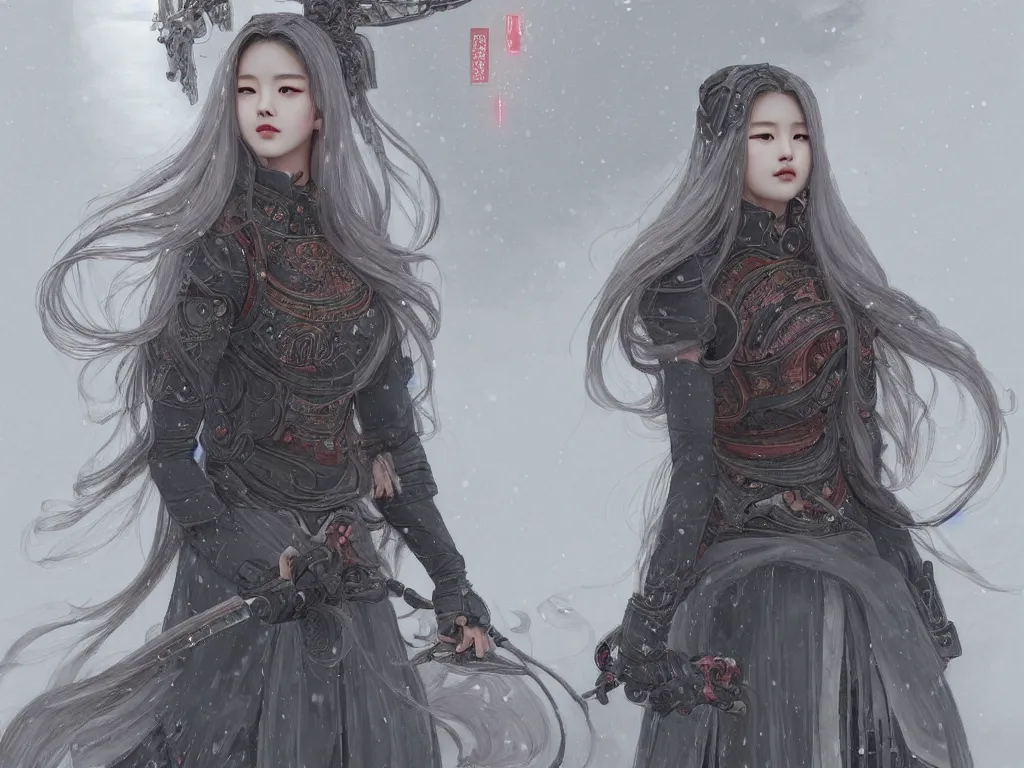 Image similar to portrait jisoo blackpink, grey hair armored samurai clothes, in japanese temple stormy snowy sunrise, ssci - fi and fantasy, intricate and very very beautiful and elegant, digital painting, artstation, concept art, smooth and sharp focus, illustration, art by tian zi and wlop and alphonse mucha