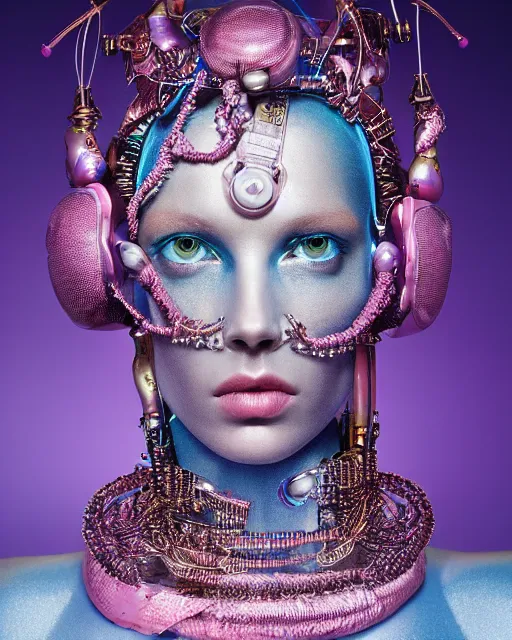 Prompt: natural light, soft focus extreme close up portrait of an android with soft synthetic pink skin, blue bioluminescent plastics, smooth shiny metal, elaborate ornate head piece, piercings, skin textures, by annie leibovitz, paul lehr