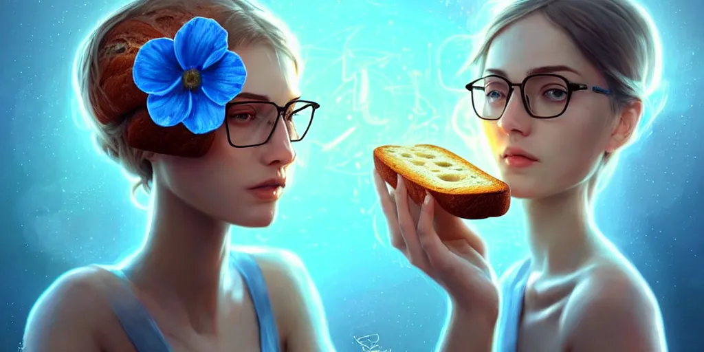 Image similar to epic professional digital art of a bread toast wearing 👓 and a blue flower, best on artstation, cgsociety, wlop, cosmic, epic, stunning, much detail, much wow, masterpiece, backlight