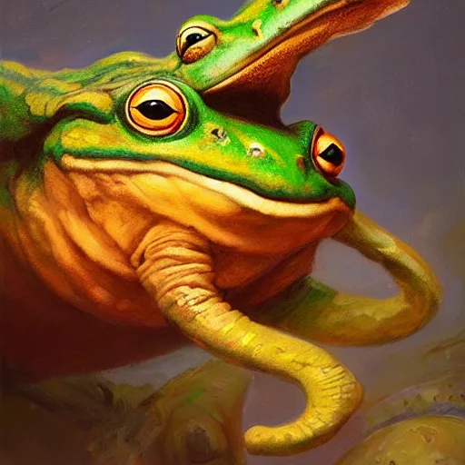 Image similar to frog - elephant creature, colorful oil painting by justin gerard