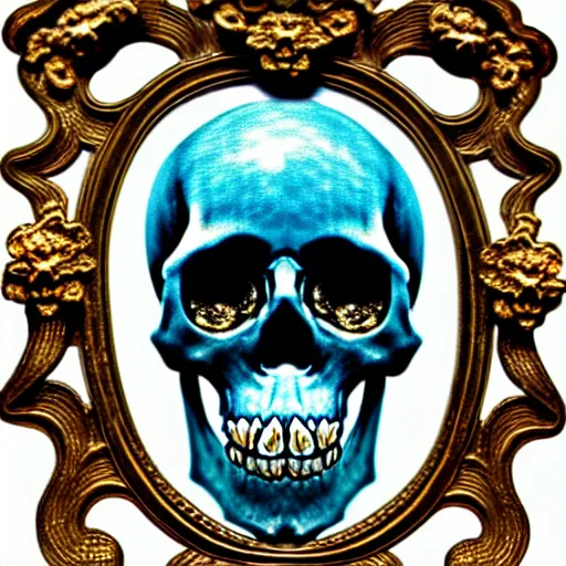 Image similar to skull, rococo decoration with gothic border, made of boulder opal