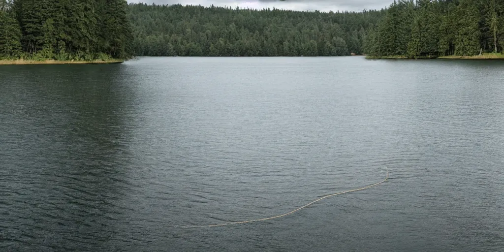 Image similar to symmetrical photograph of an infinitely long rope floating on the surface of the water, the rope is snaking from the foreground stretching out towards the center of the lake, a dark lake on a cloudy day, trees in the background, anamorphic lens