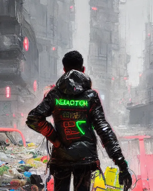 Image similar to detailed portrait Neon guard boy with short dark hair seen from the back, cyberpunk futuristic, reflective puffer jacket, decorated with traditional ornaments in front of a dystopian crowd with piles of garbage by Ismail inceoglu dragan bibin hans thoma, Perfect face, fine details, realistic shaded, fine-face, pretty face