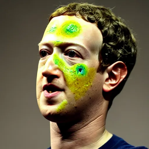 Image similar to Mark Zuckerberg with bright yellow and porous looking skin, yellow skin, pourous skin