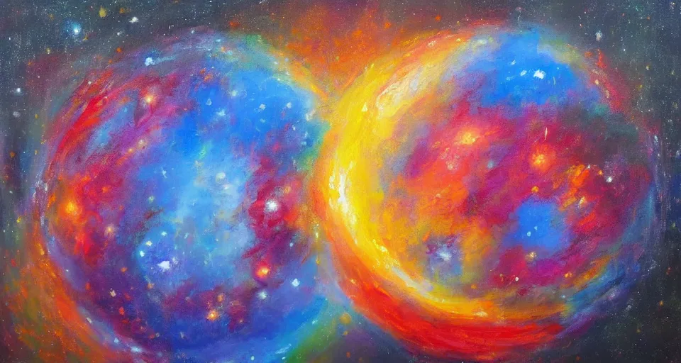 Image similar to award - winning realistic oil painting of a large planet made of colourful gas, colourful bright stars