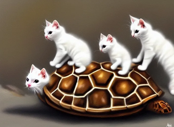 Prompt: white kittens riding turtles ready for battle, cute, digital oil painting, trending on artstation