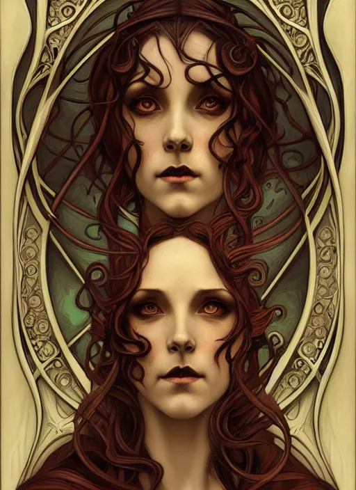 Prompt: an art nouveau, cthulu portrait in the style of charlie bowater, and in the style of donato giancola, and in the style of charles dulac. very large, clear, expressive, intelligent eyes. symmetrical, centered, ultrasharp focus, dramatic lighting, photorealistic digital painting, intricate ultra detailed background.