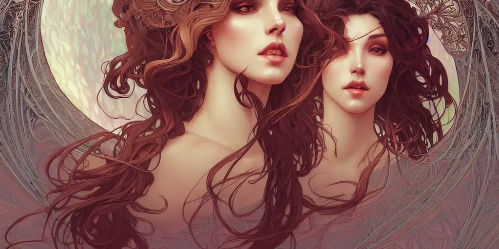 Image similar to beautiful woman is an angelic version of her self, dark surrealism , scifi, intricate, elegant, highly detailed, artstation, concept art, smooth, sharp focus, illustration, art by artgerm and moebius and alphonse mucha