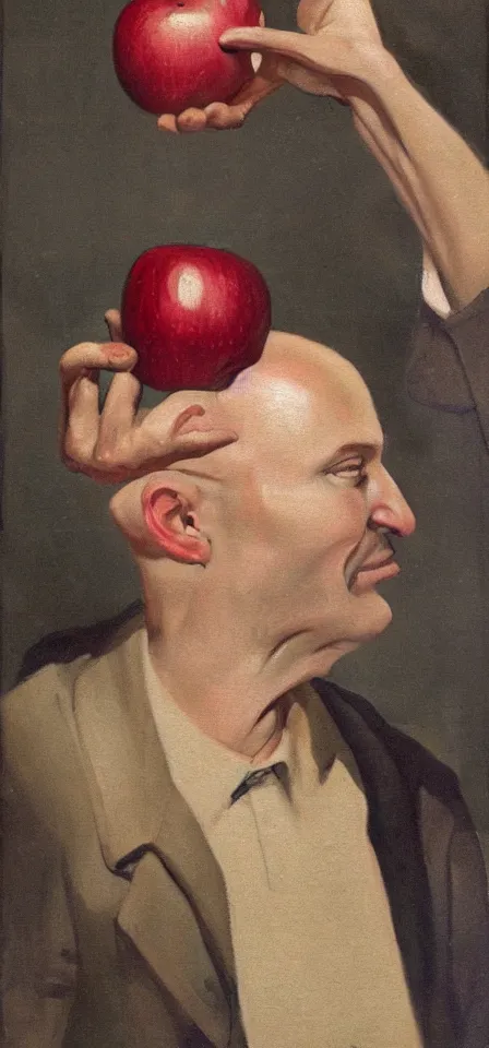 Prompt: painting of a bald man from the 1 9 3 0 looking at an apple with an amazed expression