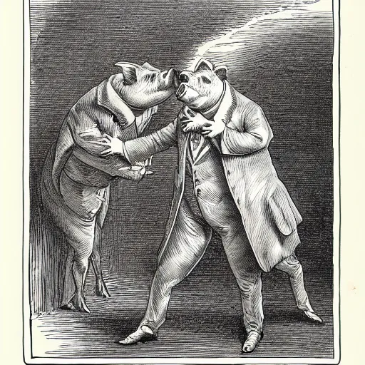 Image similar to pig in a tuxedo, illustration by Gustave Doré