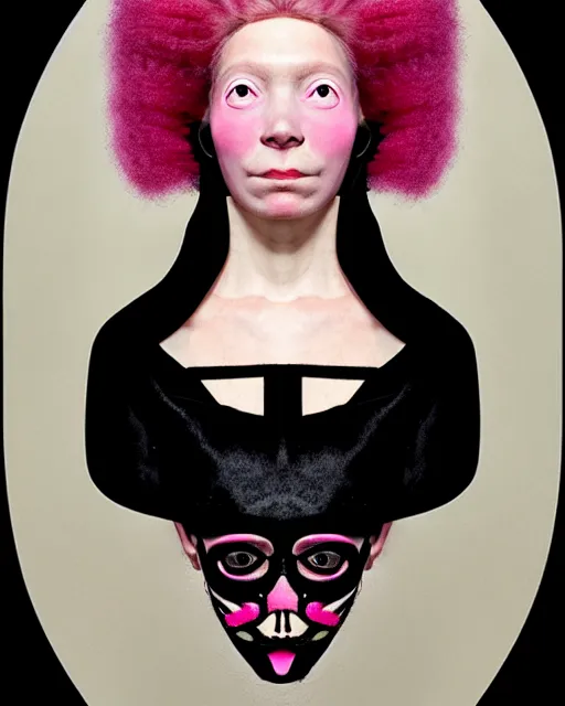 Image similar to symmetrical portrait of a woman face with pink frizzy hair, wearing a embroidered black mask by alexander mcqueen, bjork aesthetic, masterpiece, in the style of rogier van der weyden and jacopo da pontormo, cyberpunk