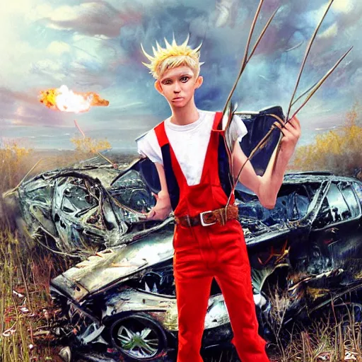 Prompt: a skinny teen as a fantasy elf with spiky blonde hair wearing dark brown overalls and holding a firecracker standing next to a destroyed car, painting by artgerm