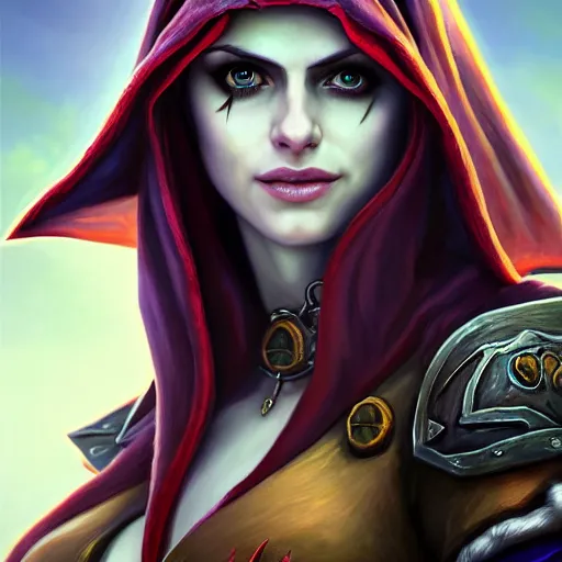 Image similar to Portrait Lady Sylvanas Windrunner, World of Warcraft, alexandra daddario, fanart, 4k oil on linen by wlop, artgerm, andrei riabovitchev, nuri iyem, james gurney, james jean, greg rutkowski, highly detailed, soft lighting 8k resolution