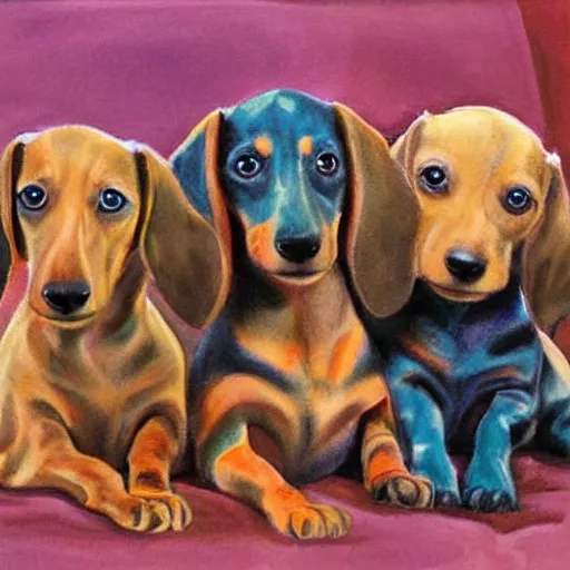 Prompt: color painting of many dachshund puppies cuddling together on the living room floor,