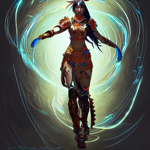 Image similar to curvy asian tribal armor girl, digital illustration by ruan jia on artstation, outlined by whirling illuminated neon lines and fine lines swirling in circles by jesper ejsing and rhads and makoto and shinkai and lois van baarle, digital art, trending on artstation - h 8 3 2