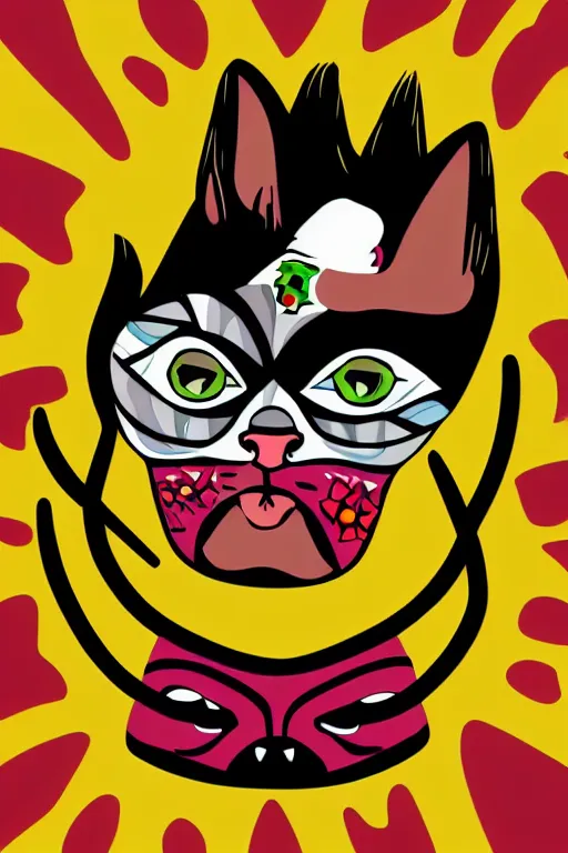 Image similar to Portrait of a cat as a Mexican wrestler in a mask, sticker, colorful, illustration, highly detailed, simple, smooth and clean vector curves, no jagged lines, vector art, smooth