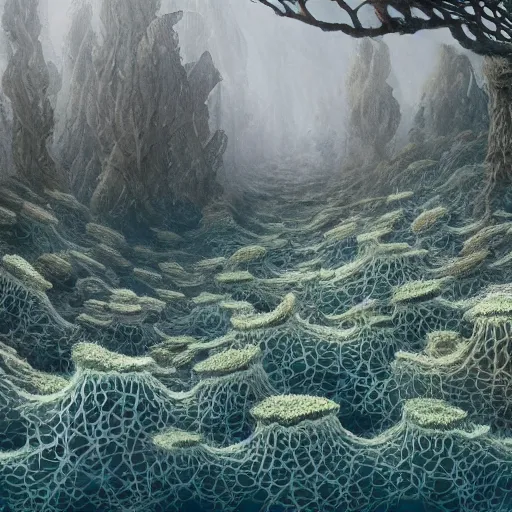 Prompt: a beautiful detailed matte painting of seaweed growing out of strange Xanthic mushrooms, pattern, fractals, moebius, trending on artstation