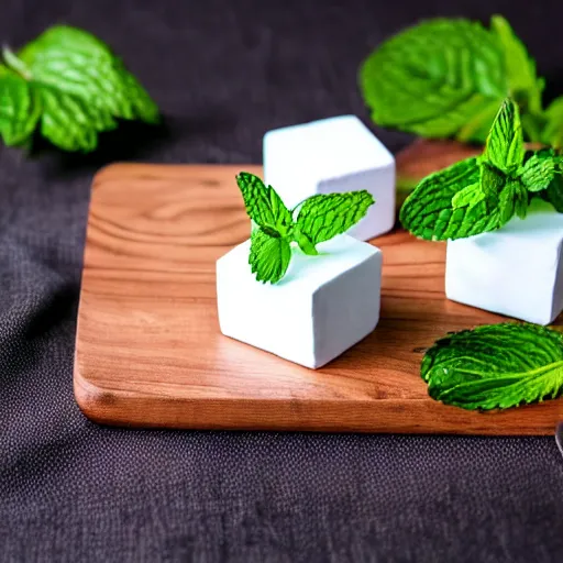 Image similar to photograph of a marshmallow cube with mint swirls on a dark wooden chopping board, hessian cloth, styled food photography, photorealistic, 4 k