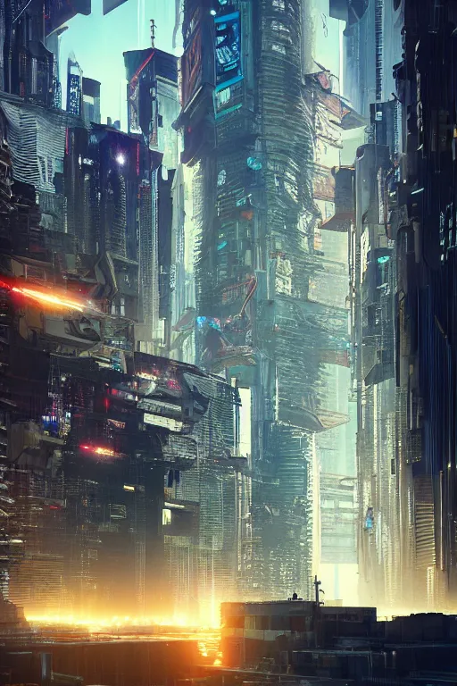 Image similar to cyberpunk cityscape like tokyo nework with tall buildings at dusk golden hour cinematic lighting, epic composition. A golden daylight, hyper-realistic environment. Hyper and intricate detail, photo-realistic. Cinematic and volumetric light. Epic concept art. Octane render and Unreal Engine, trending on artstation